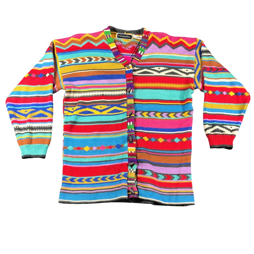 Christine Foley Womens Multi‎ Color Geometric Intarsia Cotton Cardigan Sweater 2